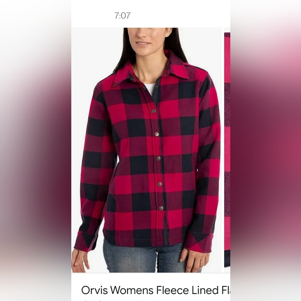 Orvis woman size medium pink navy plaid flannel fleece jacket shirt type jacket